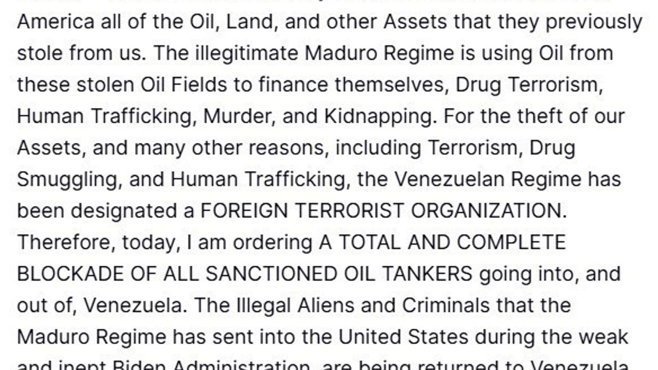 Trump: Venezuela rejimi 'Yabancı Terör Örgütü' olarak tanımlandı, petrol tankerlerine abluka emri verildi