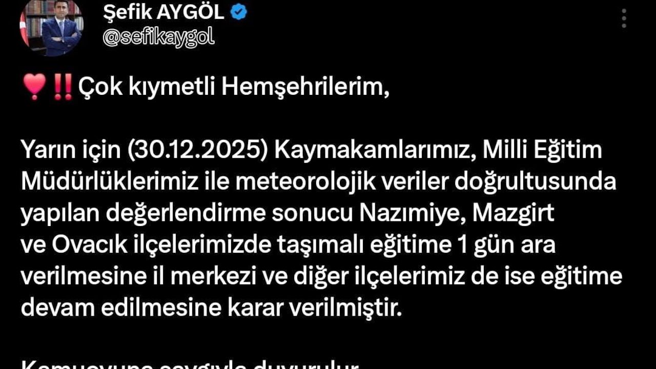 Tunceli'de Nazımiye, Mazgirt ve Ovacık'ta Taşımalı Eğitime 30.12.2025 İçin 1 Gün Ara