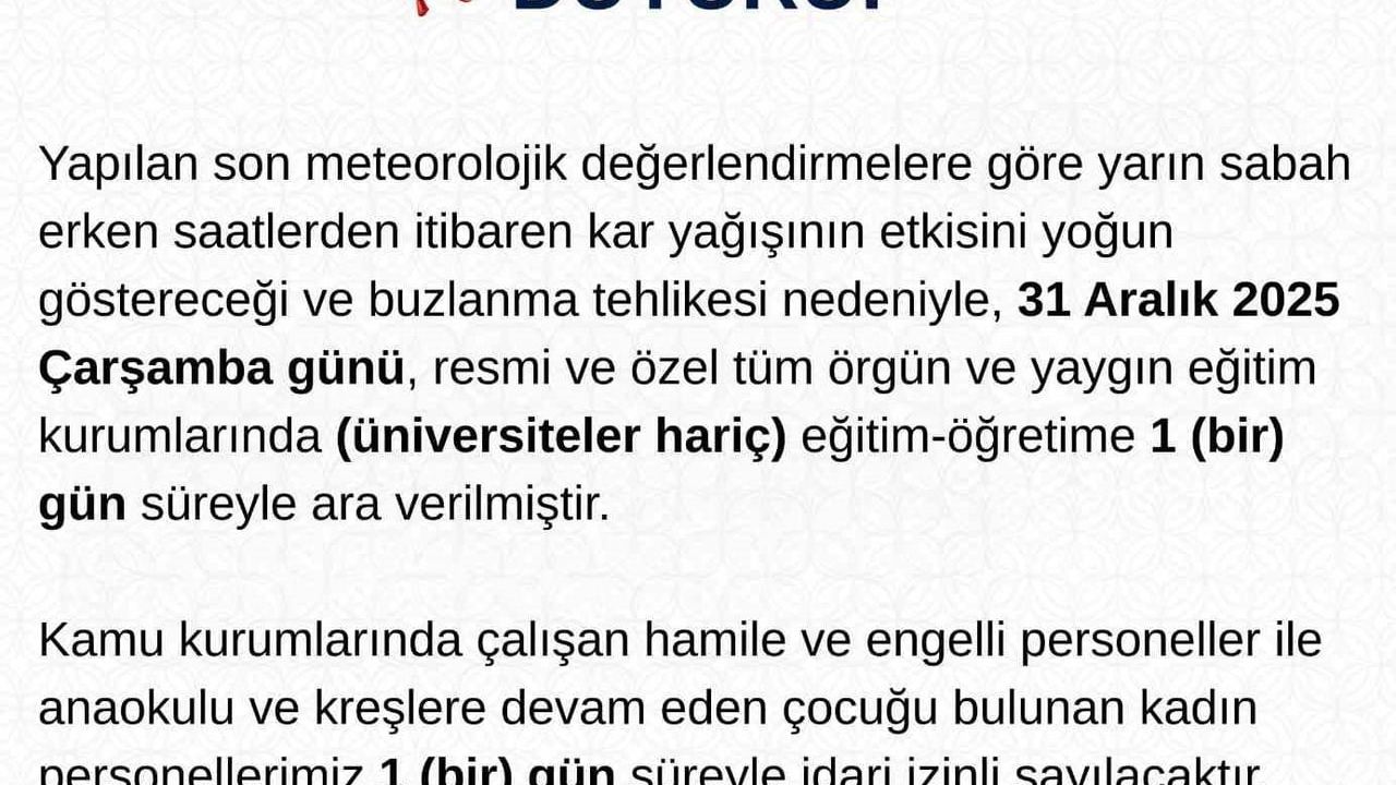 Tunceli'de yoğun kar ve buzlanma nedeniyle eğitim-öğretime 31 Aralık 2025'te 1 gün ara