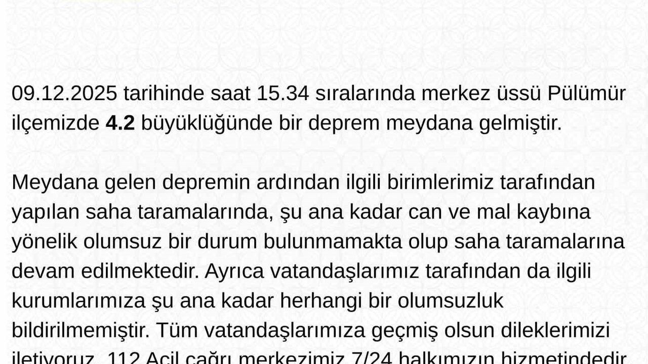 Tunceli (Pülümür) merkezli 4.2 büyüklüğünde deprem: Valilik olumsuzluğun bildirilmediğini açıkladı