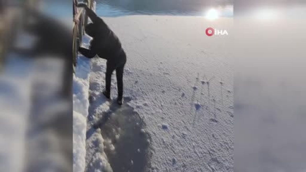 Abant Gölü'nde donmuş göle çıkan genç buzun kırılmasıyla son anda kurtuldu