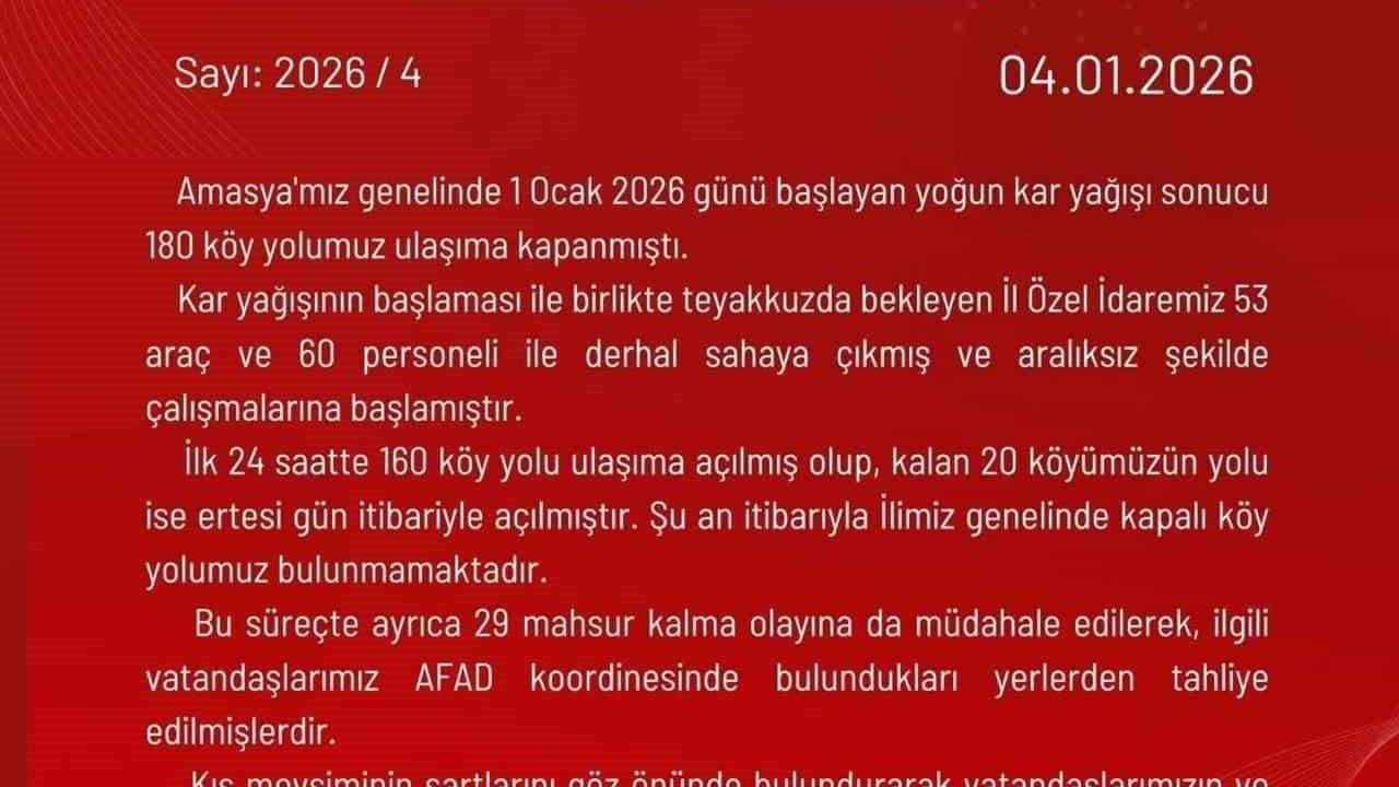 Amasya'da kardan kapanan 180 köy yolu iki günde ulaşıma açıldı
