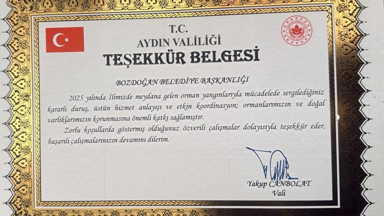 Aydın Valiliği, 2025 Orman Yangınları Mücadelesinde Bozdoğan Belediyesi'ne Teşekkür Belgesi Verdi