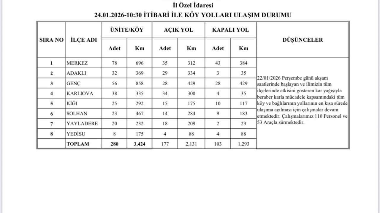 Bingöl'de karla mücadele sürüyor: 177 köy yolu ulaşıma açıldı, 103'ünde çalışmalar devam ediyor