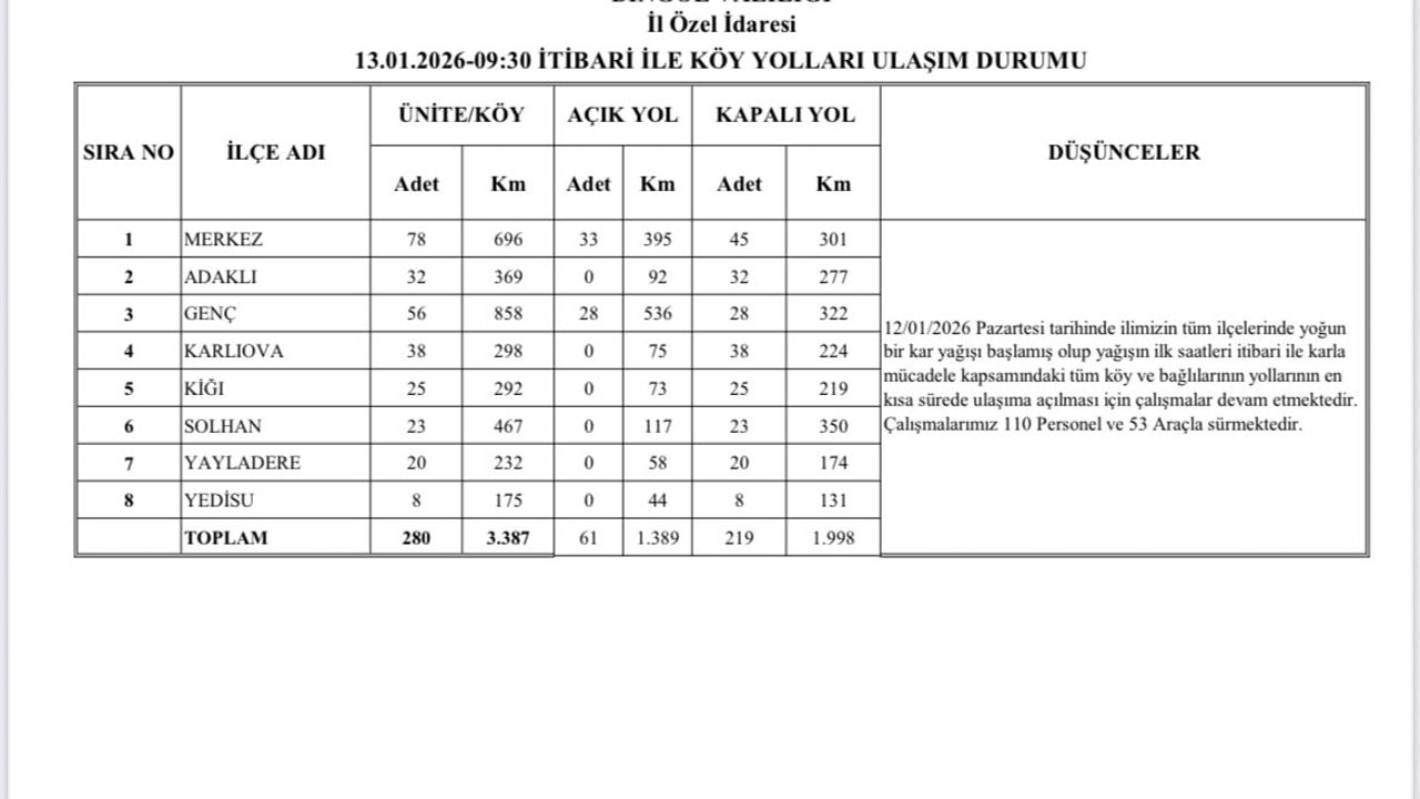 Bingöl'de yoğun kar: 219 köy yolu ulaşıma kapandı, İl Özel İdaresi 110 personelle çalışıyor