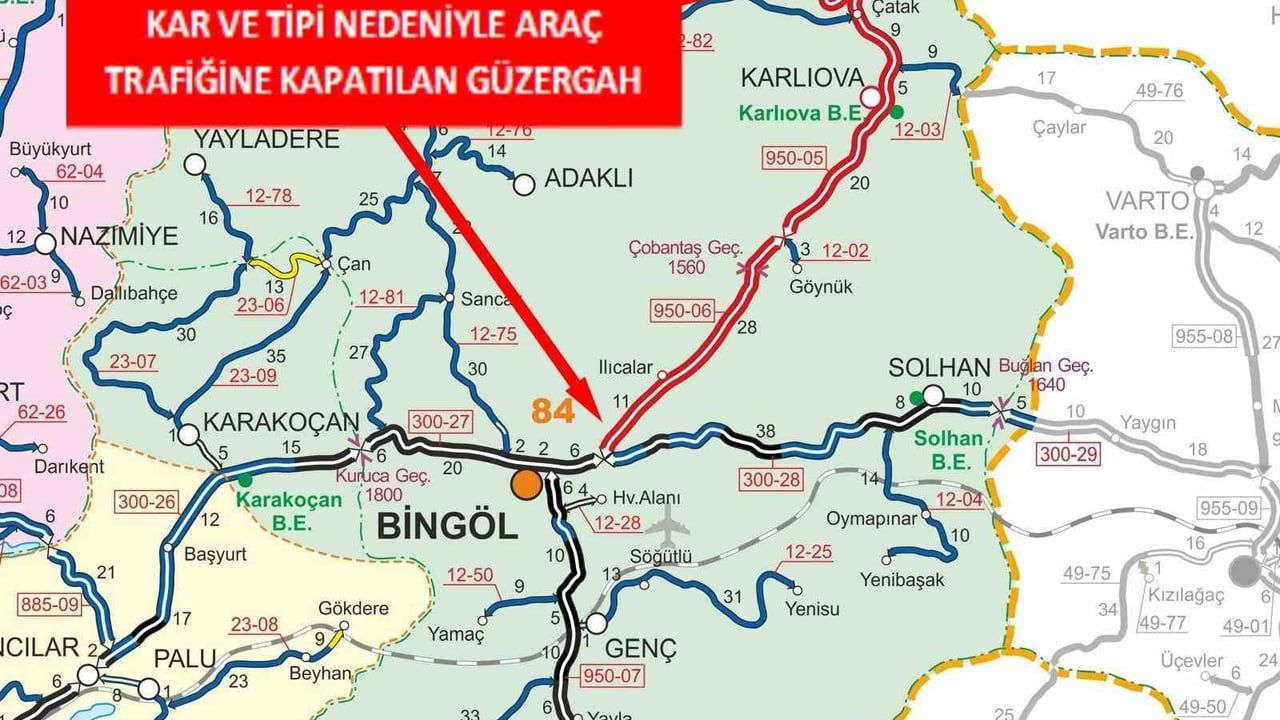 Bingöl-Erzurum karayolunun 0-88 km'si yoğun kar nedeniyle trafiğe kapatıldı