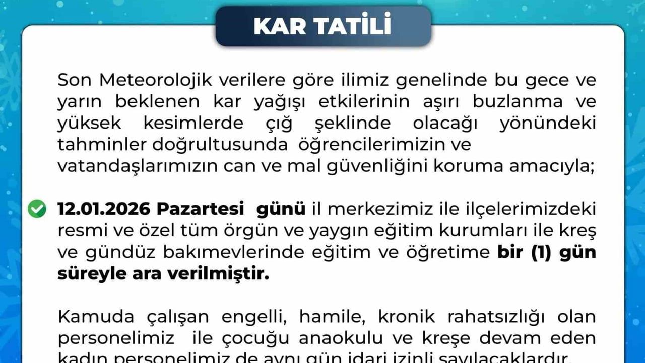 Bingöl Valiliği: Kar ve buzlanma nedeniyle 12.01.2026 Pazartesi eğitime 1 gün ara