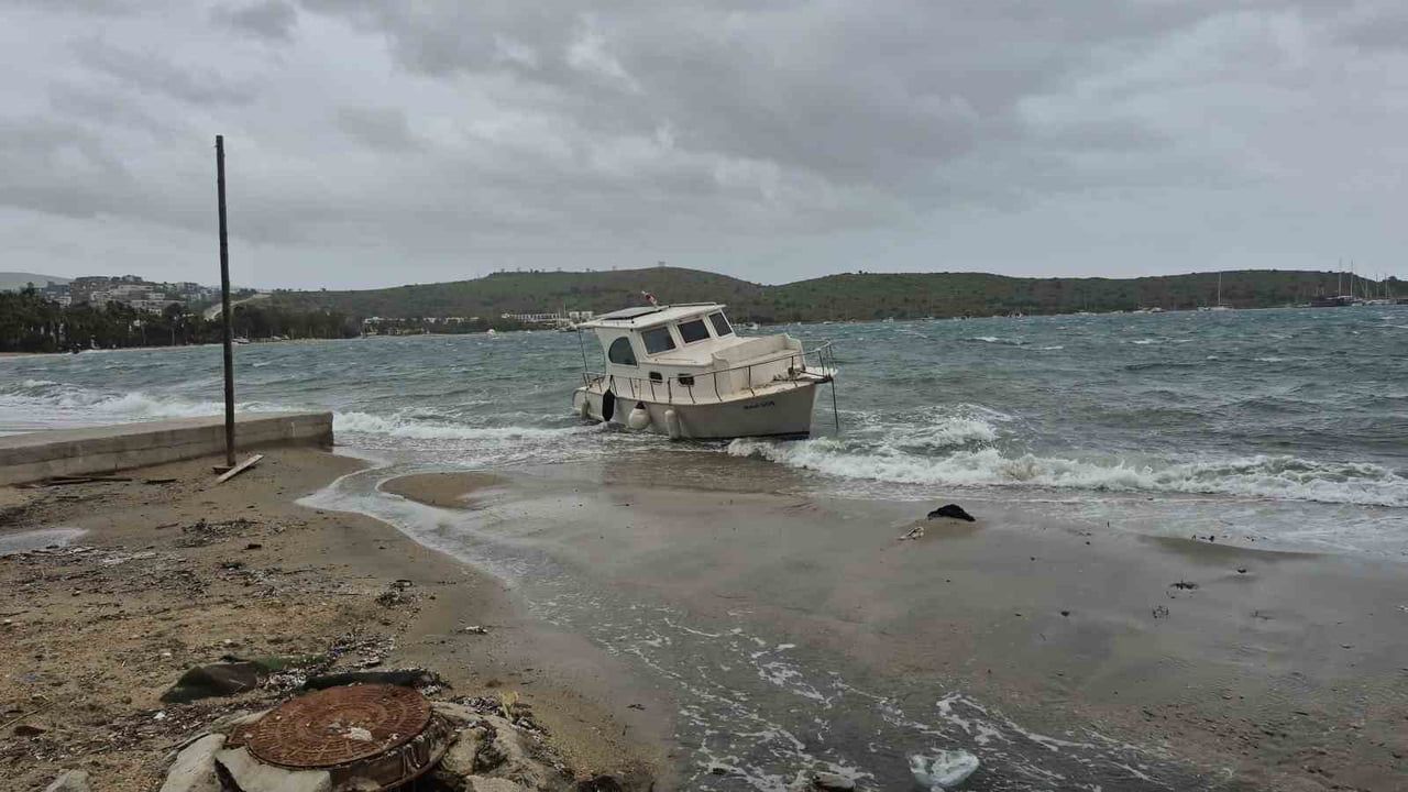 Bodrum'da fırtına: tekneler karaya vurdu, feribot seferleri iptal edildi