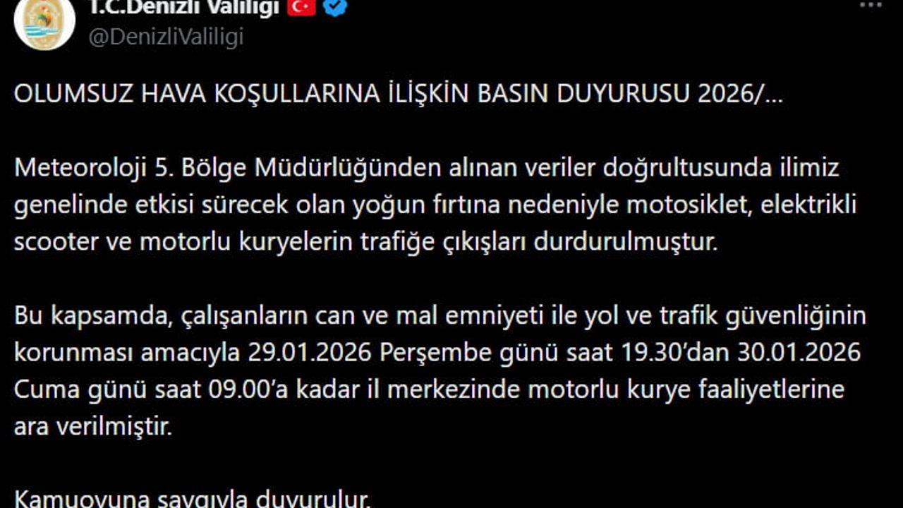 Denizli'de fırtına nedeniyle motorlu kurye faaliyetleri geçici olarak durduruldu