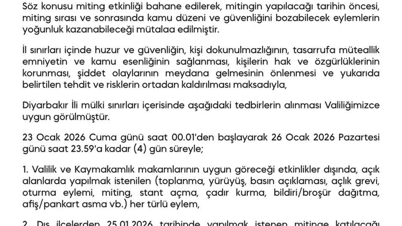 Diyarbakır’da 23–26 Ocak tarihlerinde açık alan gösteri ve yürüyüş yasağı