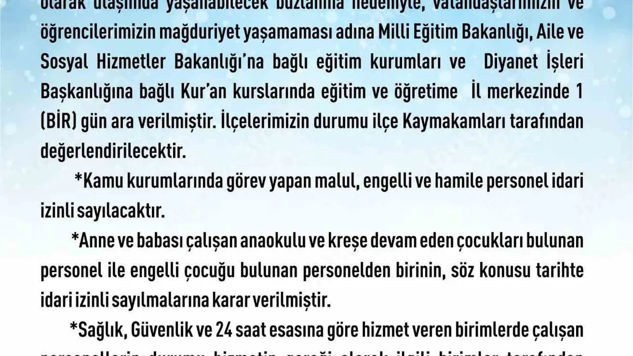 Elazığ'da 13 Ocak 2026'de Yoğun Kar Nedeniyle Eğitime 1 Gün Ara Verildi