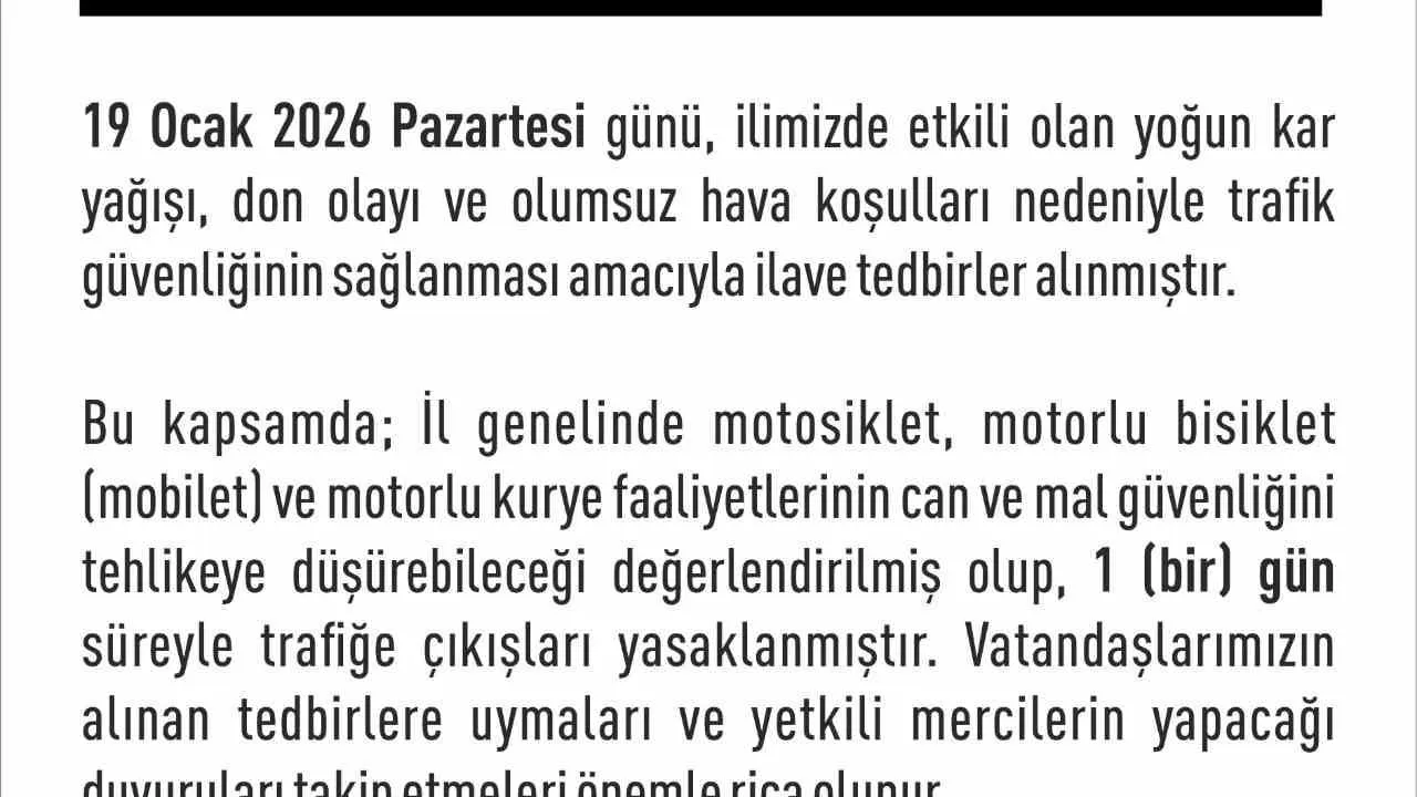 Elazığ'da 19 Ocak 2026: Motosiklet, Mobilet ve Motorlu Kuryelerin Trafiğe Çıkışı Yasaklandı