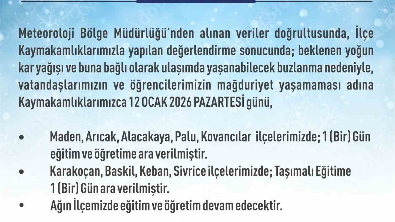 Elazığ’da 5 ilçede eğitime 1 gün ara verildi