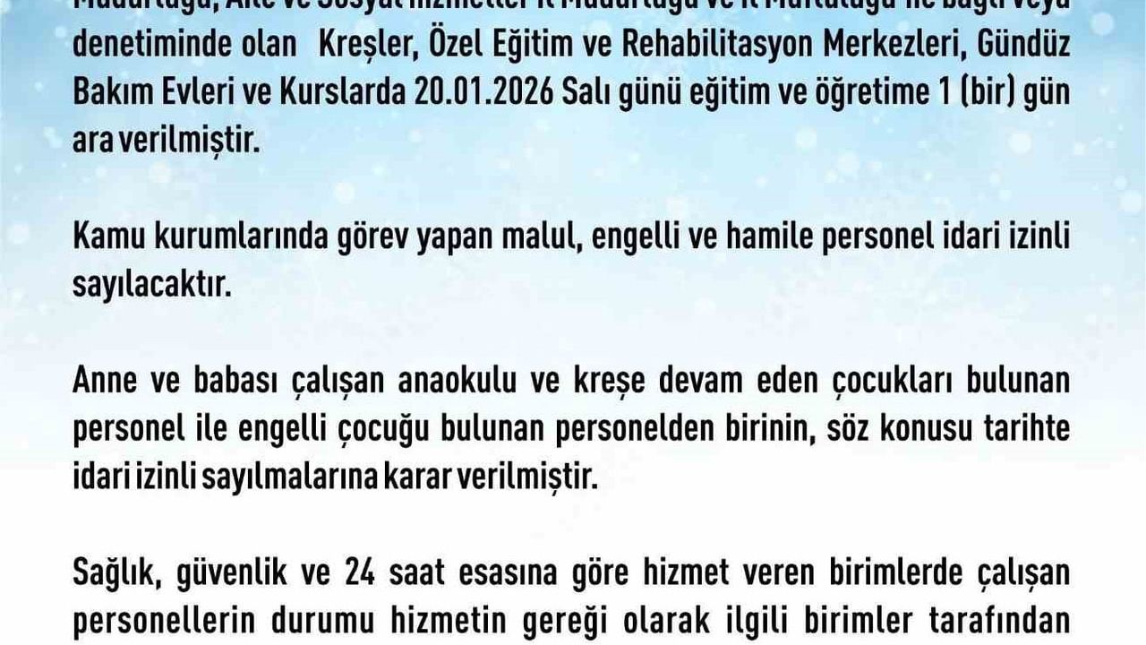 Elazığ'da yoğun kar ve buzlanma nedeniyle rehabilitasyon, bakımevi ve kurslara 1 gün tatil