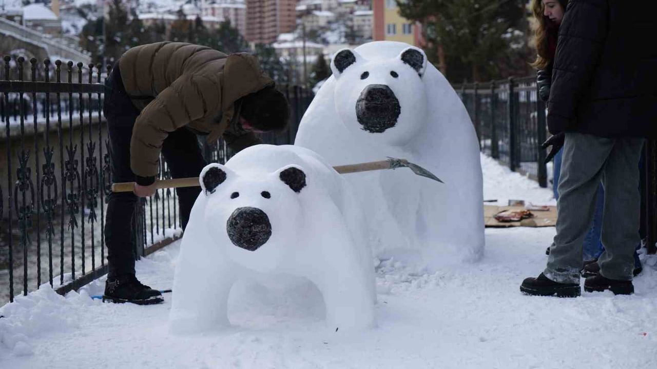 Gümüşhane'de tır şoförü Cihan Oral'ın üç günde yaptığı kardan anne ve yavru ayı ilgi çekti