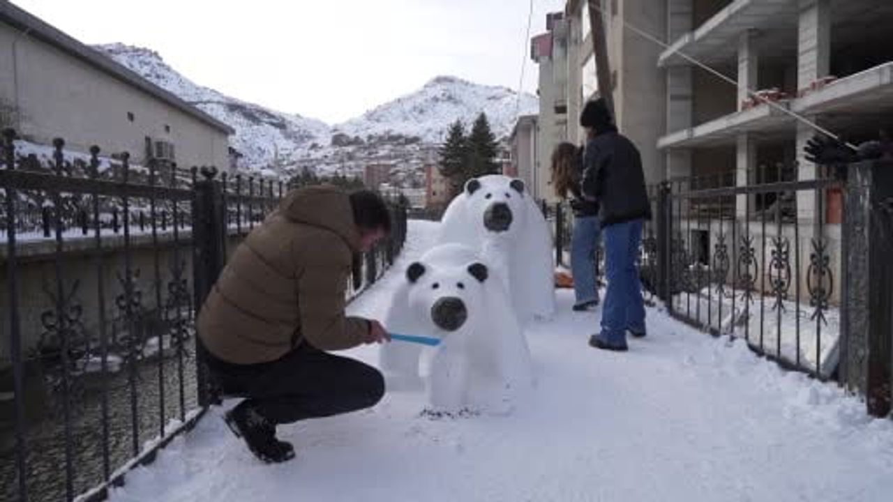 Gümüşhane'de tır şoförü Cihan Oral karla anne ve yavru ayı heykeli yaptı