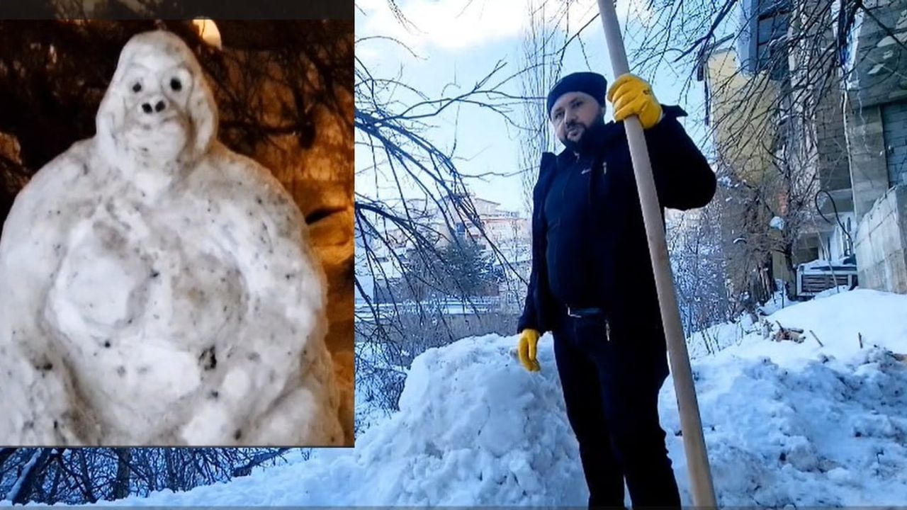 Hakkarili genç İlhan Kayhan kar yığınlarından goril figürü yaptı
