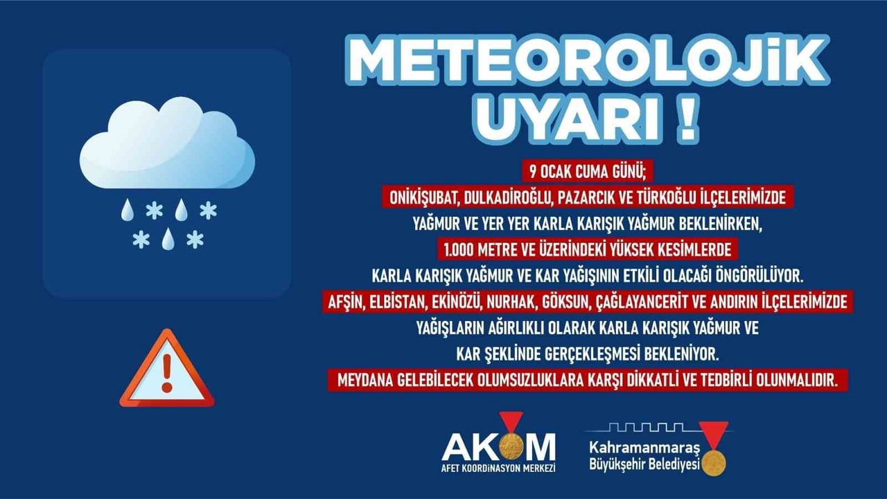 Kahramanmaraş için 9 Ocak yağış uyarısı: İlçelere göre değişen yağış türleri