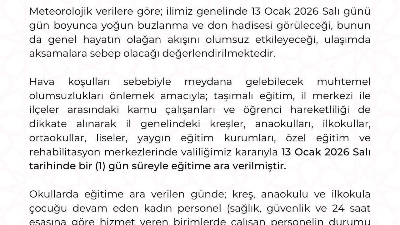 Kayseri'de yoğun kar yağışı nedeniyle eğitime 13 Ocak Salı günü 1 gün ara