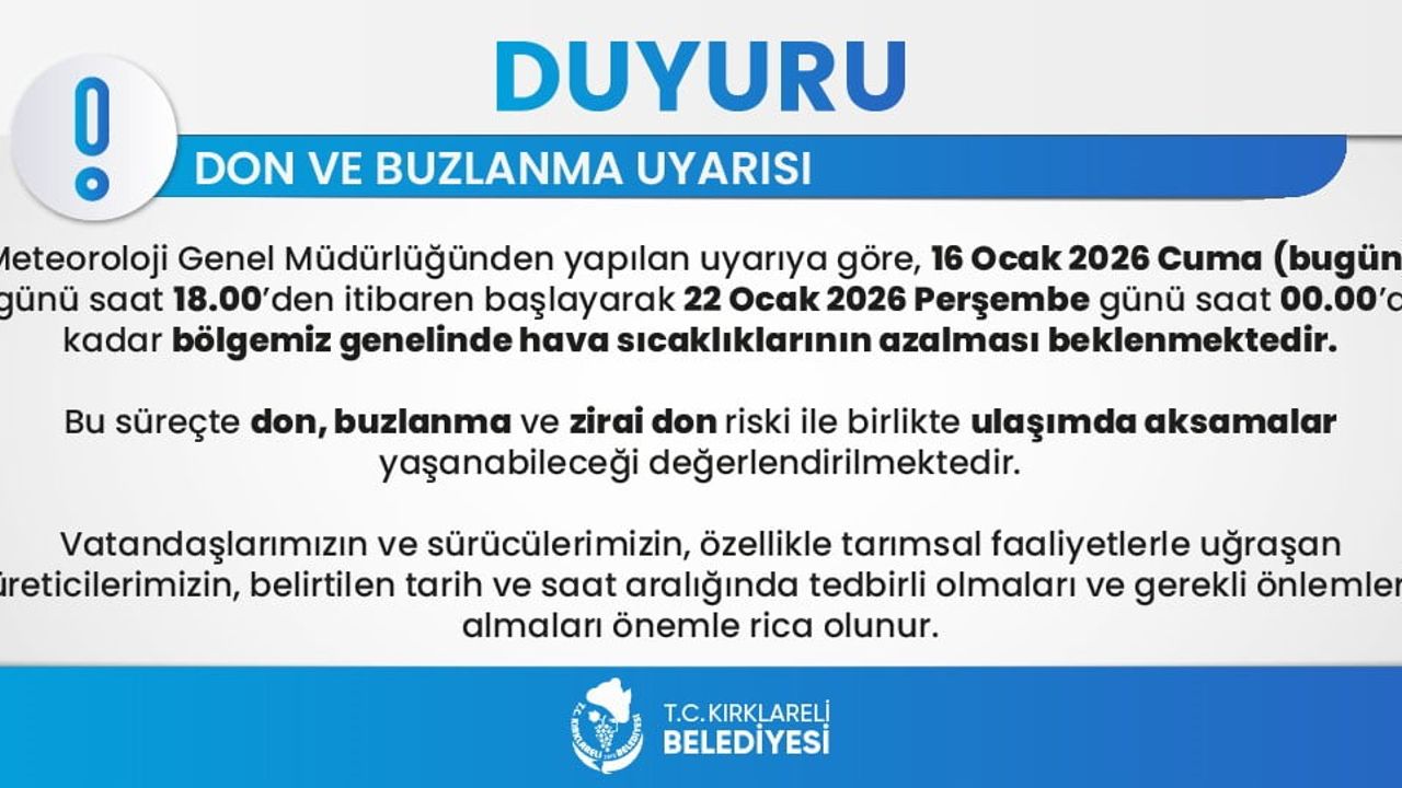 Kırklareli için 6 günlük don ve buzlanma uyarısı