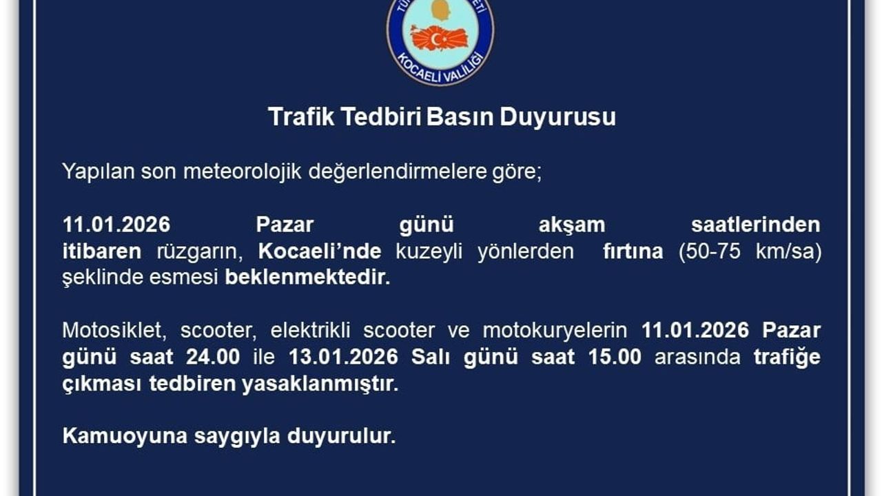 Kocaeli'de fırtına nedeniyle motosiklet, scooter ve motokuryelere trafik yasağı