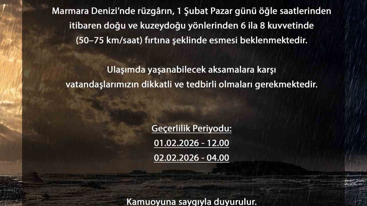 Marmara Denizi ve Bursa için 1-2 Şubat 2026 fırtına uyarısı: Rüzgar hızı 50-75 km/saat