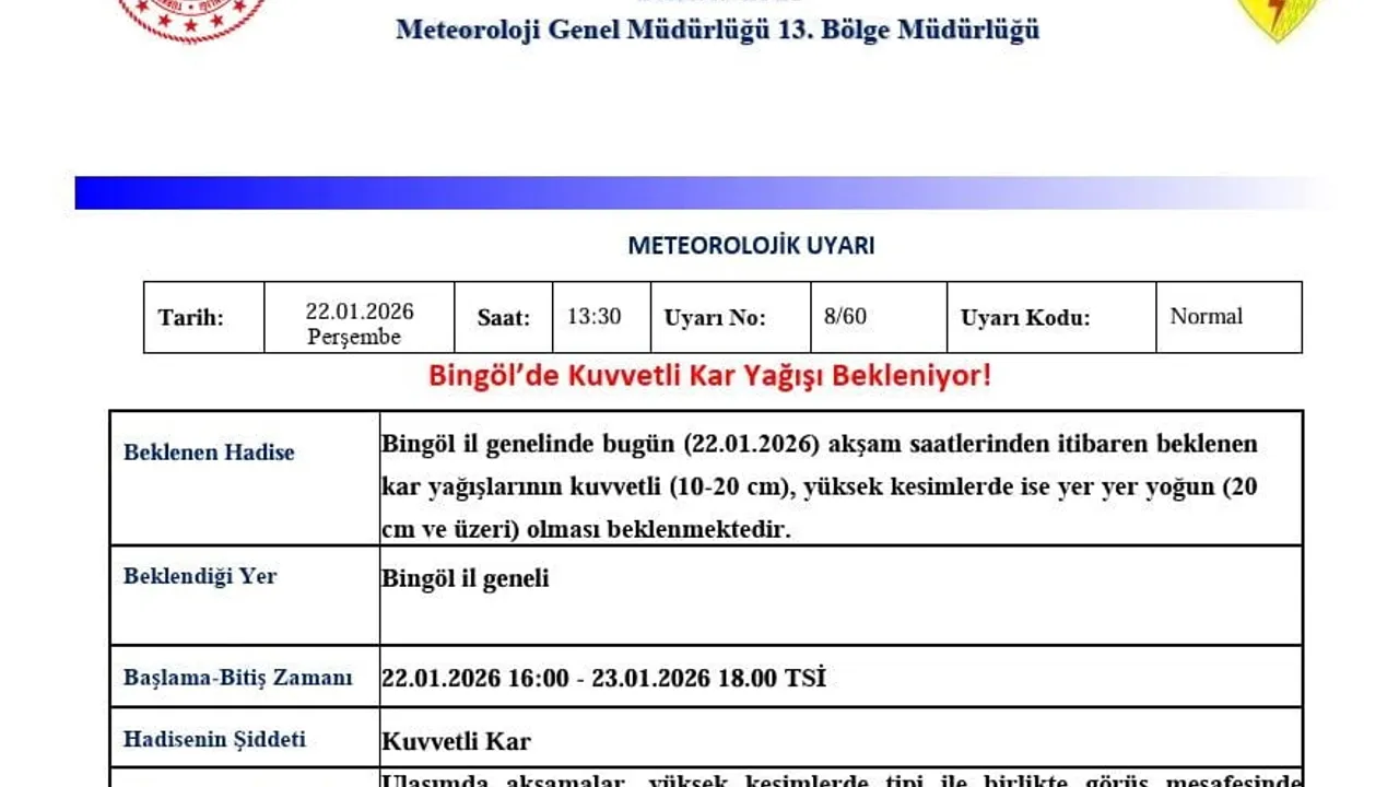 Meteoroloji 13. Bölge Müdürlüğü'nden Bingöl için kuvvetli kar yağışı uyarısı (22-23.01.2026)