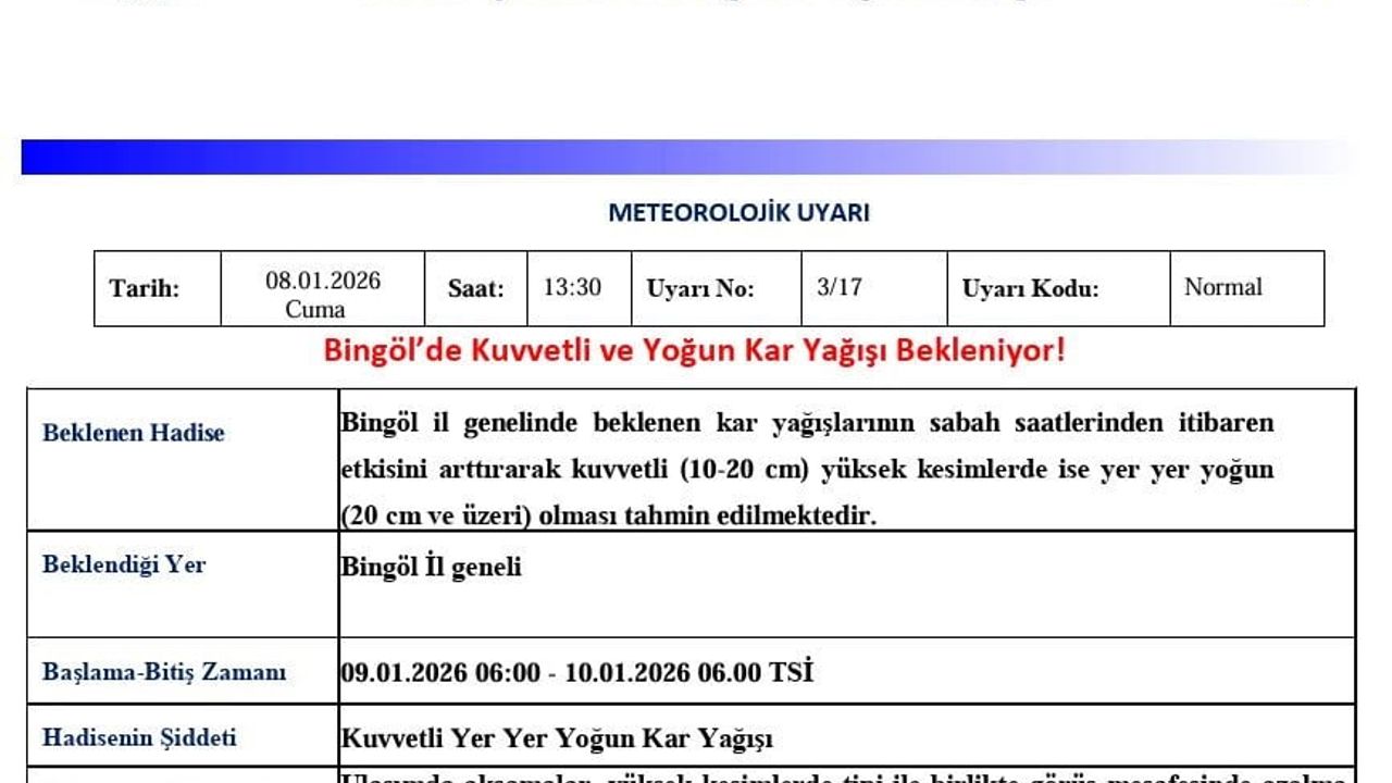 Meteoroloji'den Bingöl için kuvvetli ve yer yer yoğun kar uyarısı