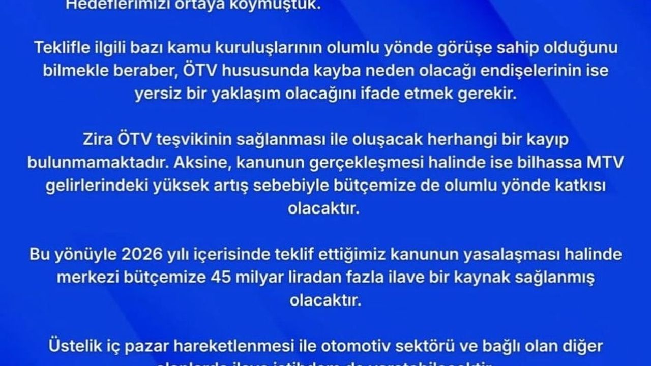 MHP'li Özdemir: ÖTV teşviki kanun teklifiyle 2026'de bütçeye 45 milyar lira ilave kaynak öngörülüyor