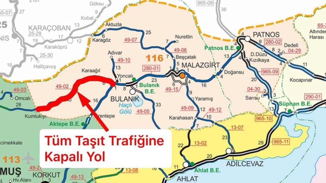 Muş’ta Bulanık-Kumlukıyı yolunun 28–76. kilometreleri tipi nedeniyle trafiğe kapatıldı