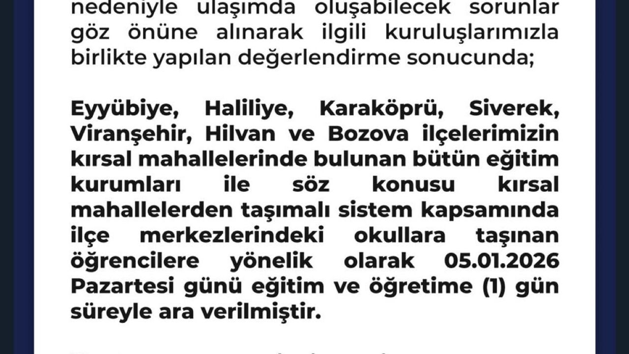 Şanlıurfa'da kırsal okullar 5 Ocak 2026'de buzlanma nedeniyle 1 gün tatil