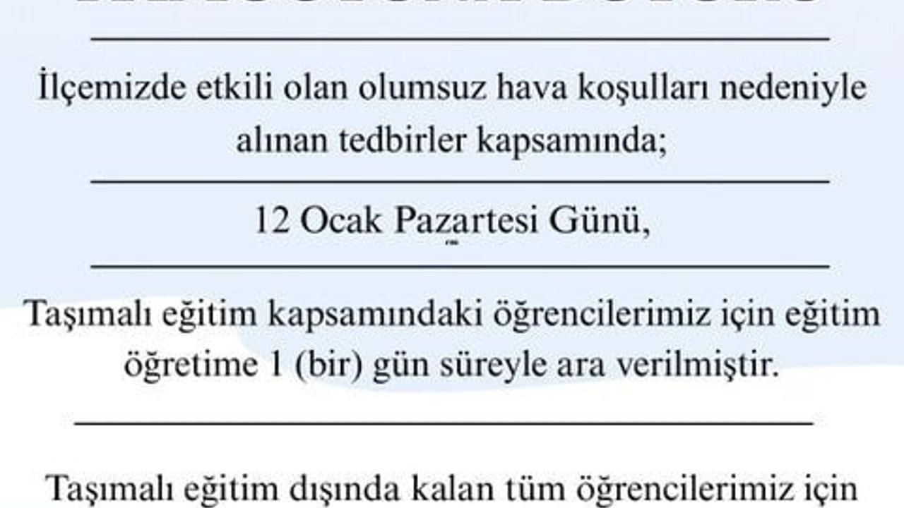 Şarköy’de taşımalı eğitime 12 Ocak 2026 Pazartesi için 1 gün ara
