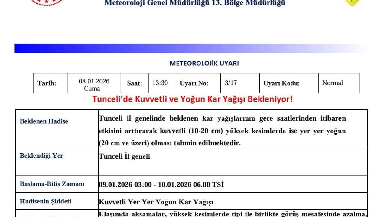 Tunceli'de kuvvetli ve yer yer yoğun kar uyarısı