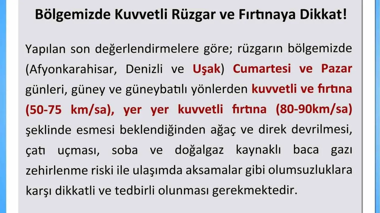 Uşak'ta kuvvetli rüzgar, fırtına ve yağış uyarısı (10-11 Ocak)