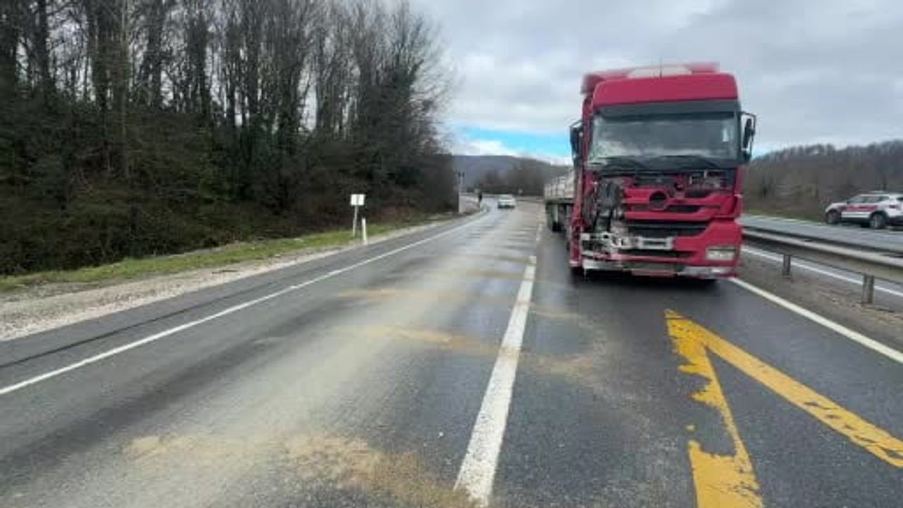 D-655 Kurtsuyu mevkiinde kaygan zeminde kayan tır bariyerlere çarpıp yolu kapattı