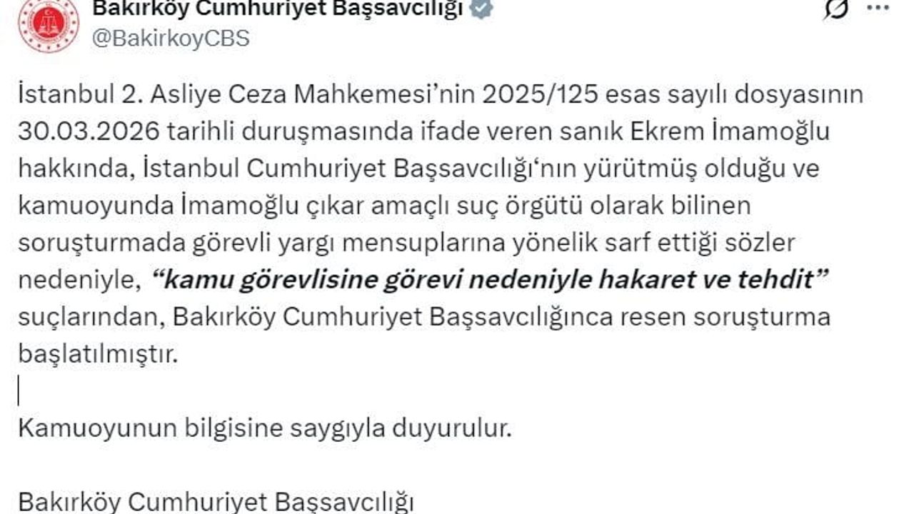 Ekrem İmamoğlu Hakkında 'Kamu Görevlisine Görevi Nedeniyle Hakaret ve Tehdit' Suçlamasıyla Resen Soruşturma Başlatıldı