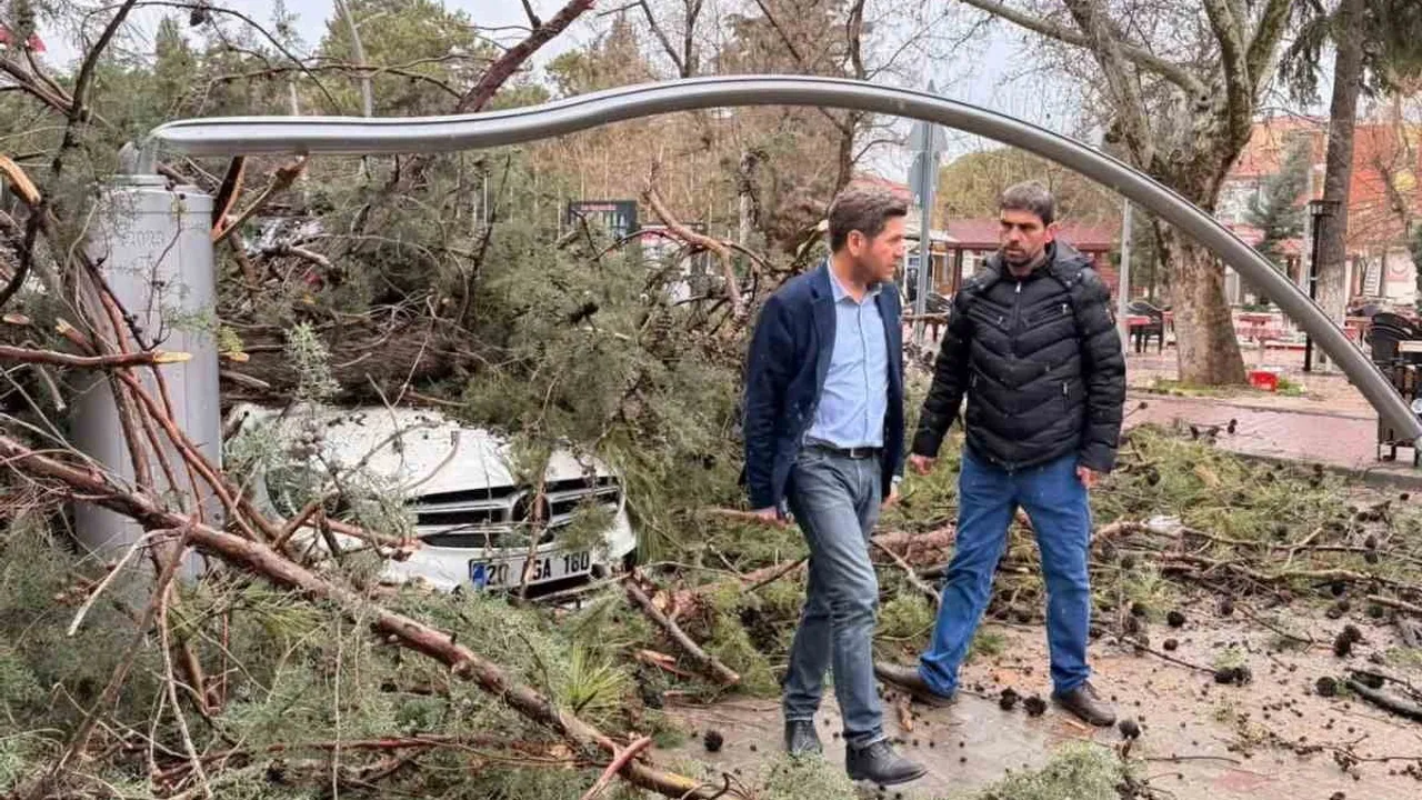 Tavas'ta Şiddetli Fırtına: Ağaçlar Devrildi, Elektrik Direkleri ve Araçlar Hasar Gördü