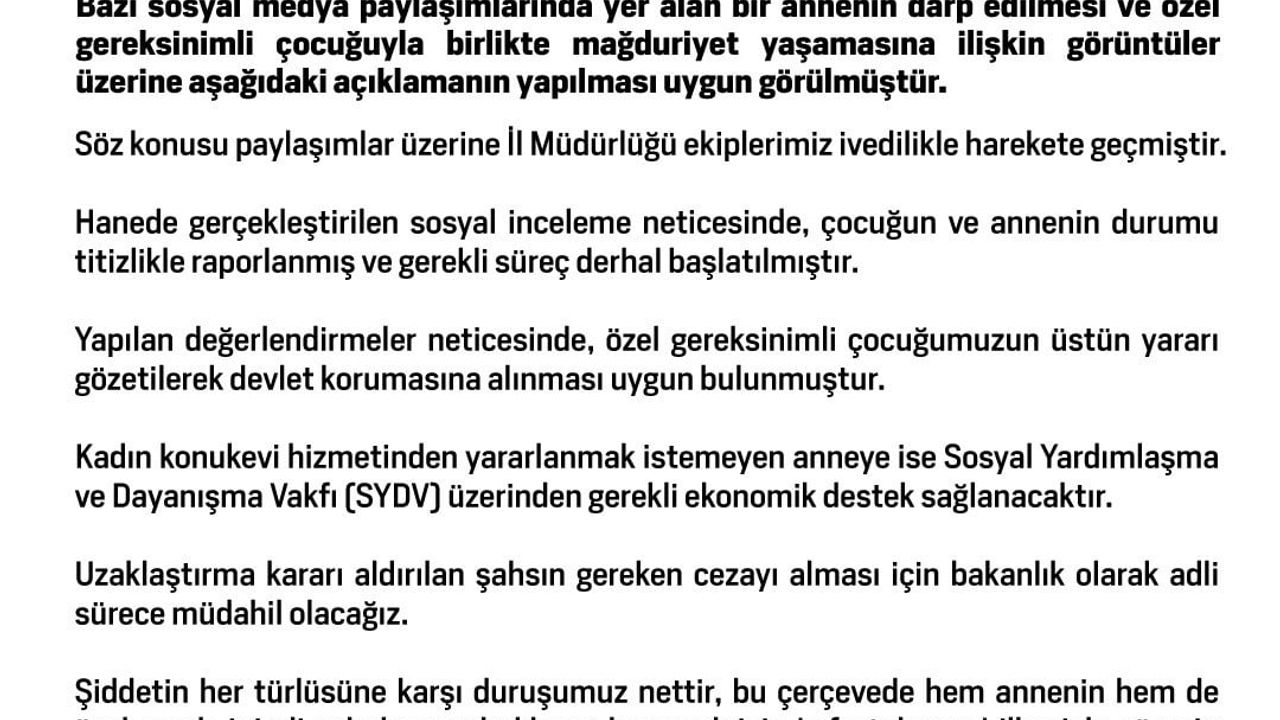 Aile ve Sosyal Hizmetler Bakanlığı: Özel gereksinimli çocuk devlet korumasına alındı, anneye ekonomik destek sağlanacak