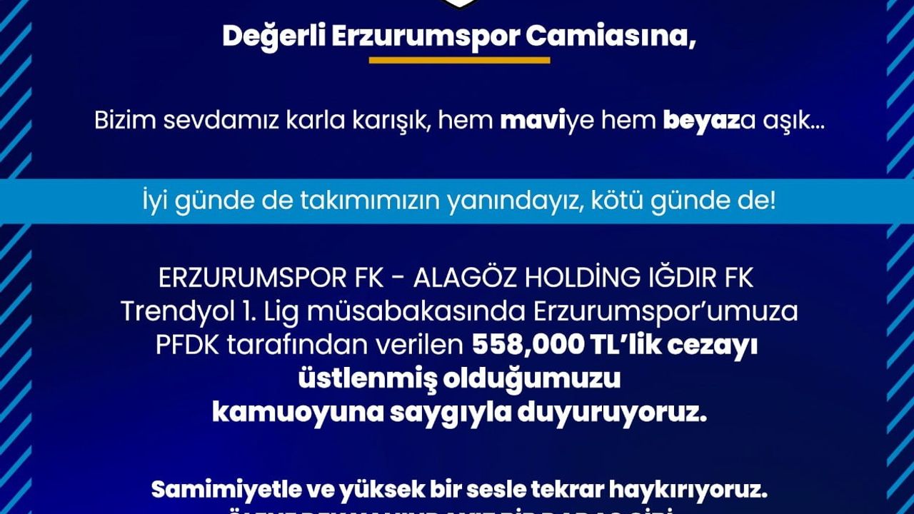 AK Parti Erzurum İl Başkanı Küçükoğlu: Erzurumspor’a verilen 558 bin TL’lik cezayı üstleniyoruz