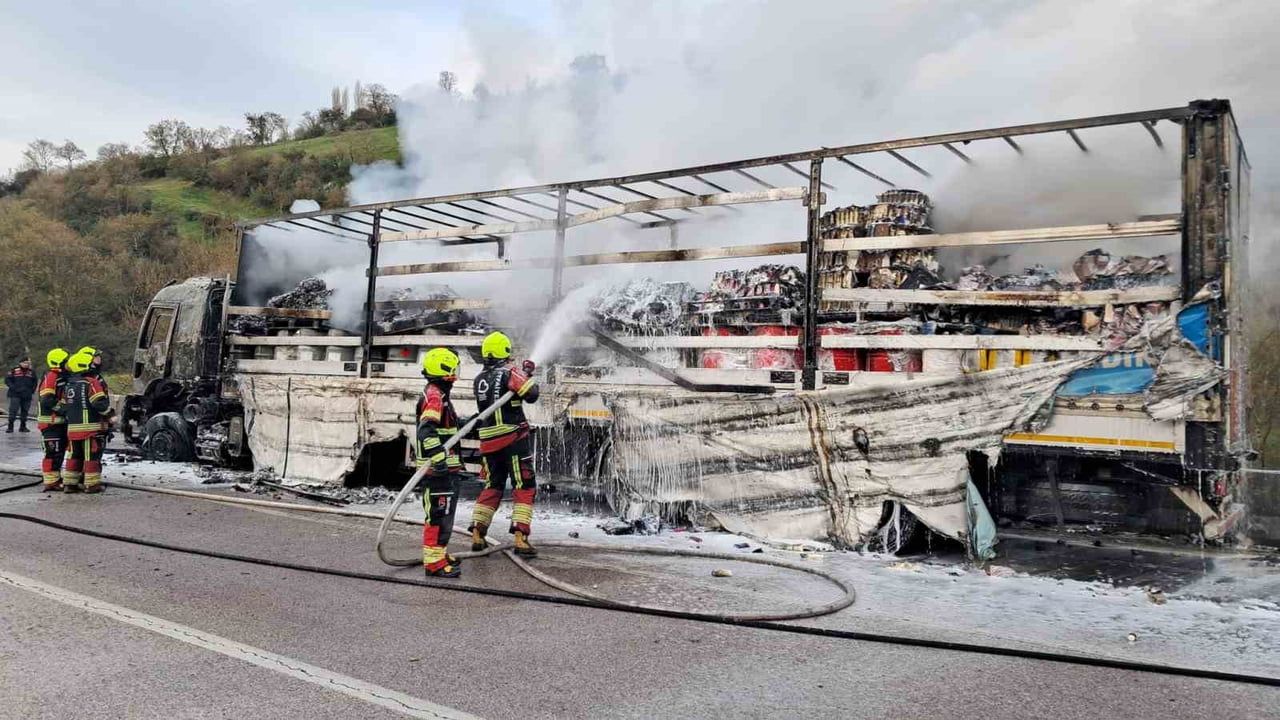Balıkesir-Ayvacık’ta seyir halindeki çekici ve dorse alev aldı, araç kullanılamaz hale geldi