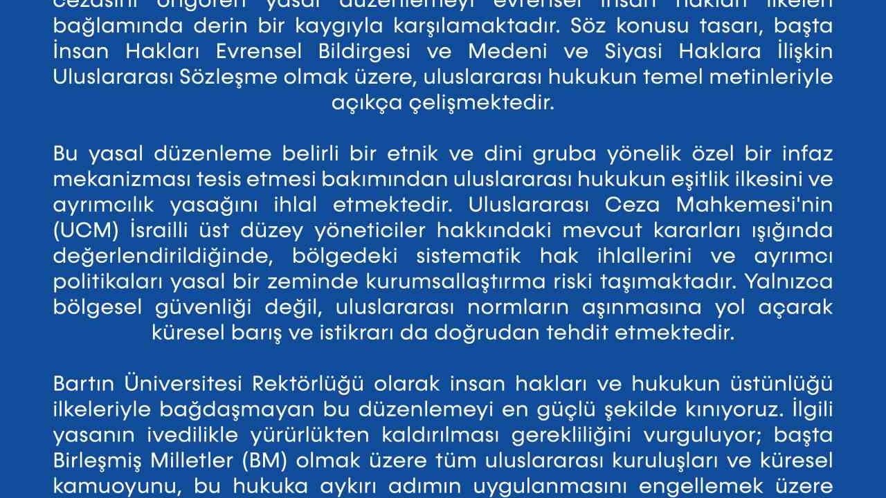Bartın Üniversitesi'nden İsrail Parlamentosu'nun idam düzenlemesine tepki