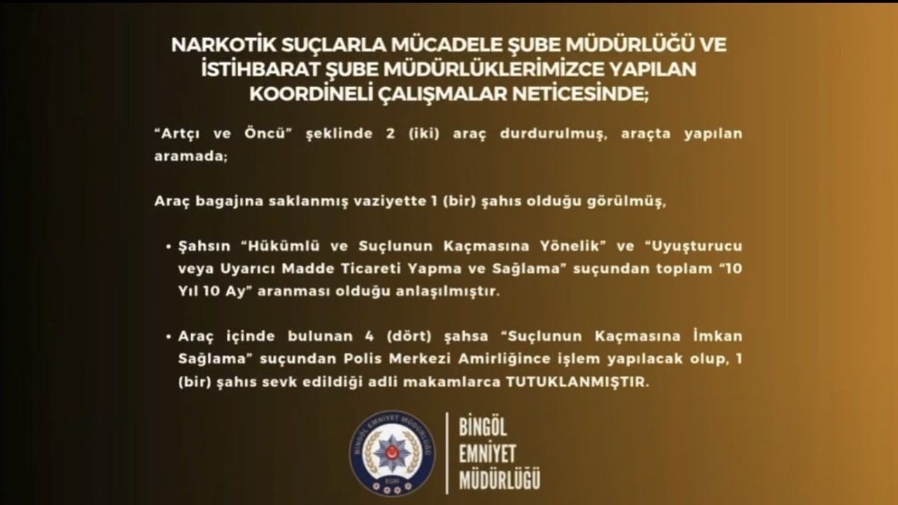 Bingöl'de bagaja gizlenen firari, 10 yıl 10 ay hapis cezasıyla yakalandı