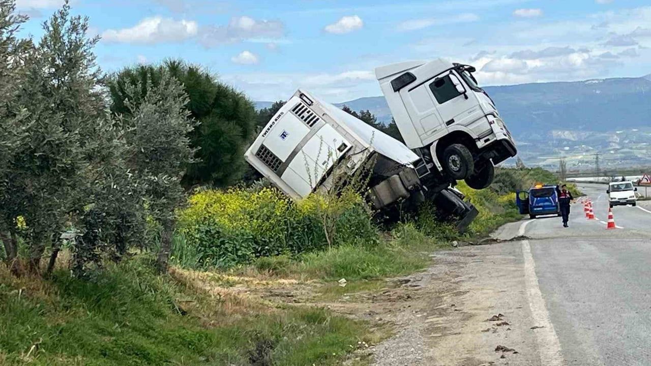 Denizli-Manisa karayolunda tır bağa girerek şaha kalktı: Can kaybı yok