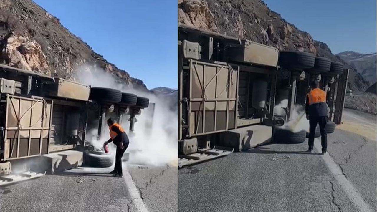 Hakkari-Van kara yolunda tır devrildi; sürücü yara almadan kurtuldu