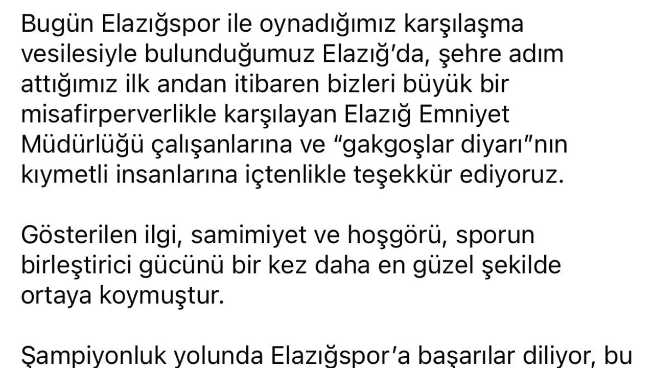 Kepezspor, Elazığ Emniyeti ve Halkına Teşekkür Etti