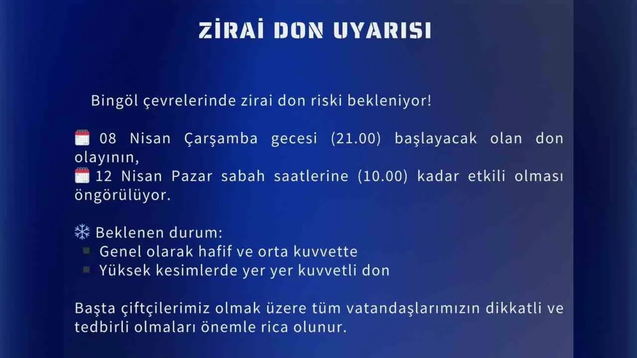Meteoroloji 13. Bölge Müdürlüğü'nden Bingöl için zirai don uyarısı (08-12 Nisan)