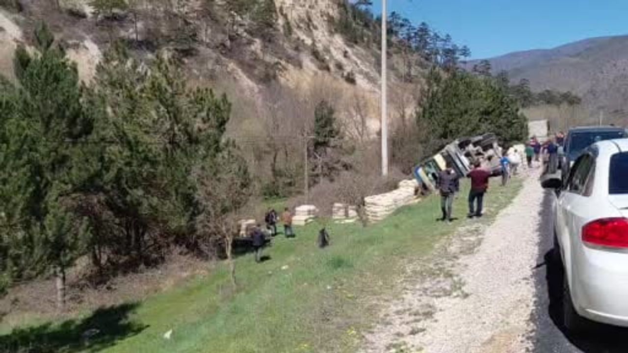 Mudurnu'da canlı tavuk yüklü kamyon devrildi: Sürücü yara almadan kurtuldu, onlarca tavuk telef oldu
