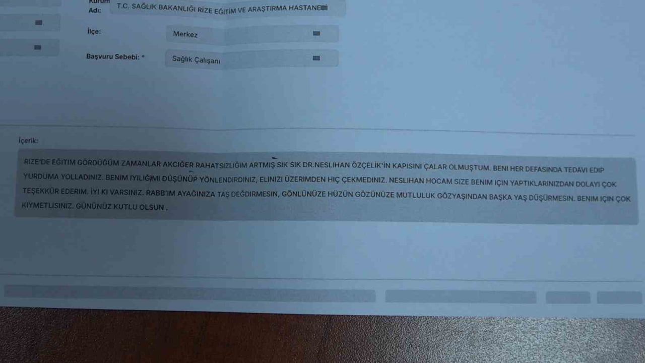Rize'de akciğer yetmezliği yaşayan genç hasta CİMER üzerinden tedavi eden doktoruna teşekkür etti