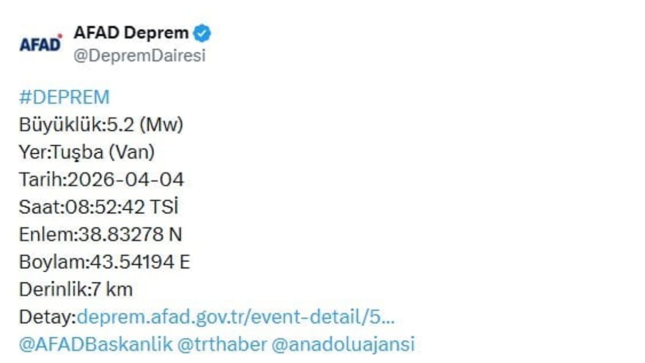 Van Tuşba'da 5.2 büyüklüğünde deprem: AFAD verileri