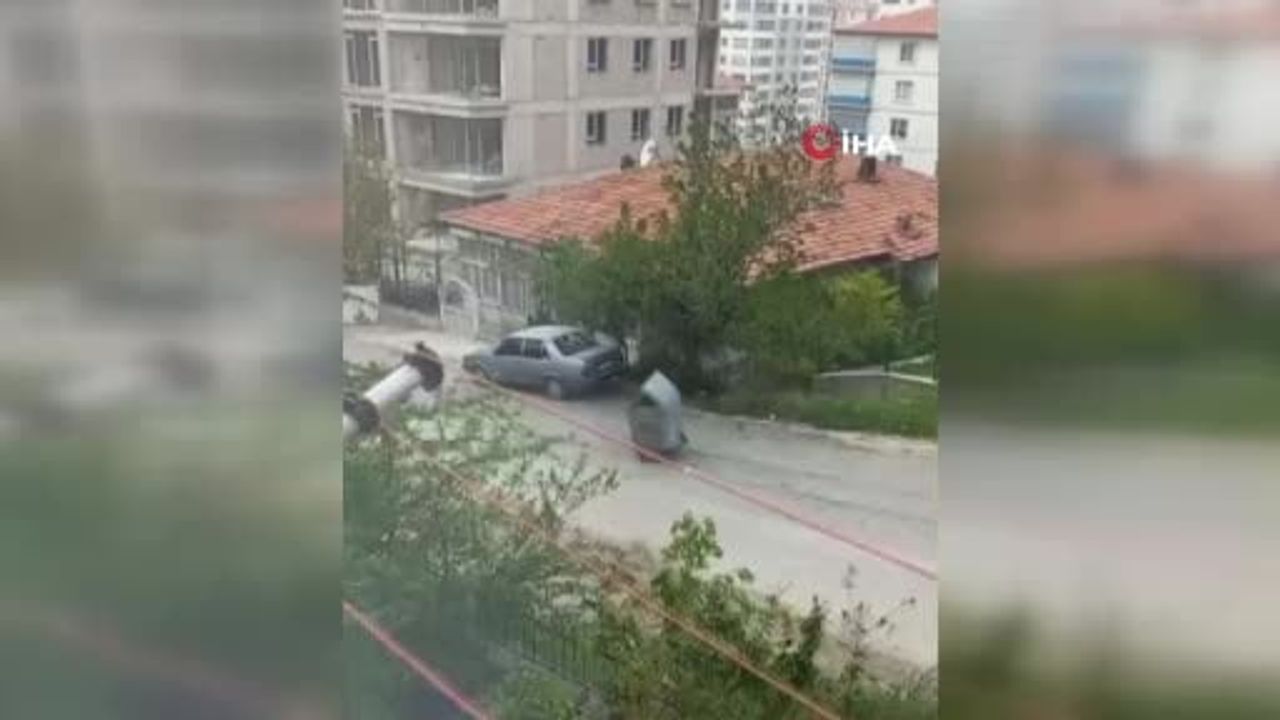 Ankara'da kuvvetli rüzgar çöp konteynerini yola savurdu; araçlara ve kaldırımlara zarar verdi